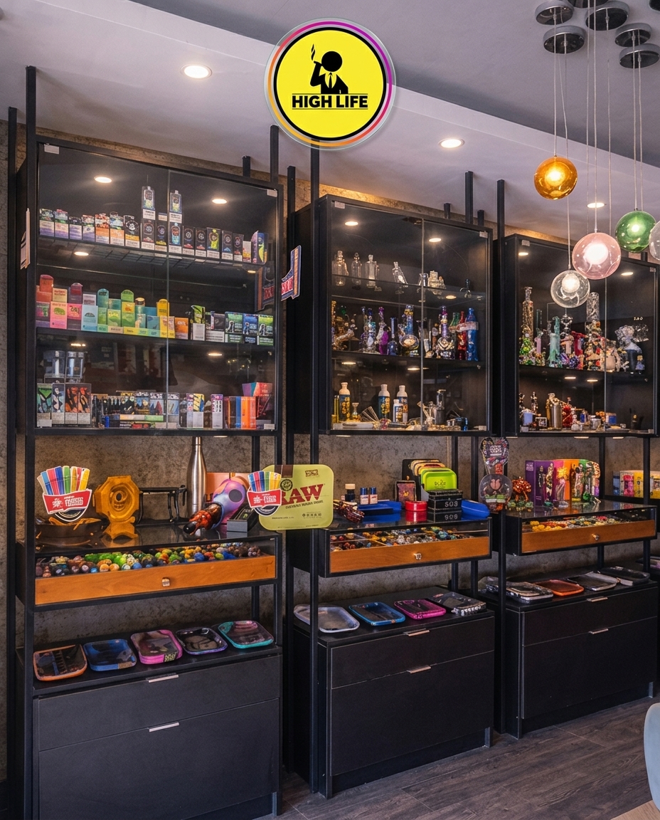 Pared de tienda Highlife con productos coloridos y estética premium