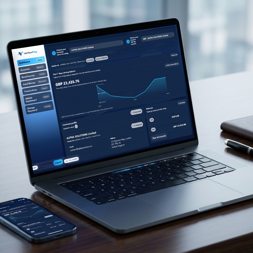 VertexPay web wallet dashboard on a laptop in a premium fintech workspace